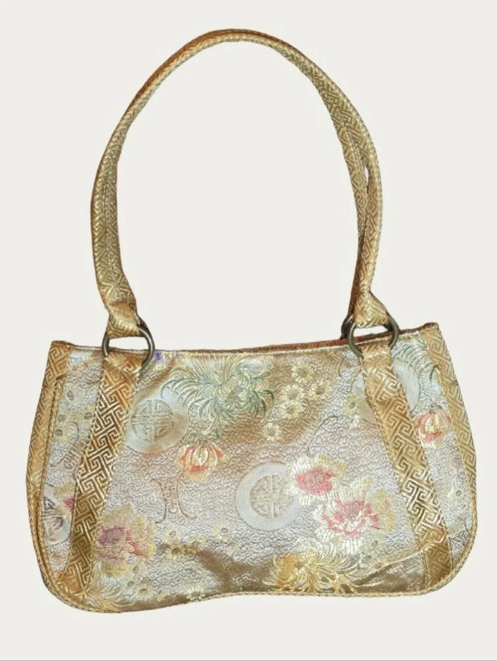 Vintage Yazinu Floral Metallic Brocade Silk Obi Style Asian Motif Shoulder Bag